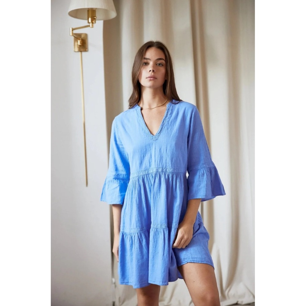 NWT Blanco by Nature Gabbi Cotton Tiered Gauze V-Neck Tunic Dress Flare Blue‎ XL